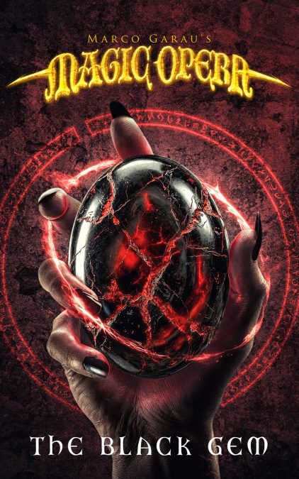 The Black Gem epic metal album cover featuring a cracked black gemstone held by a demonic hand surrounded by glowing red occult symbols.