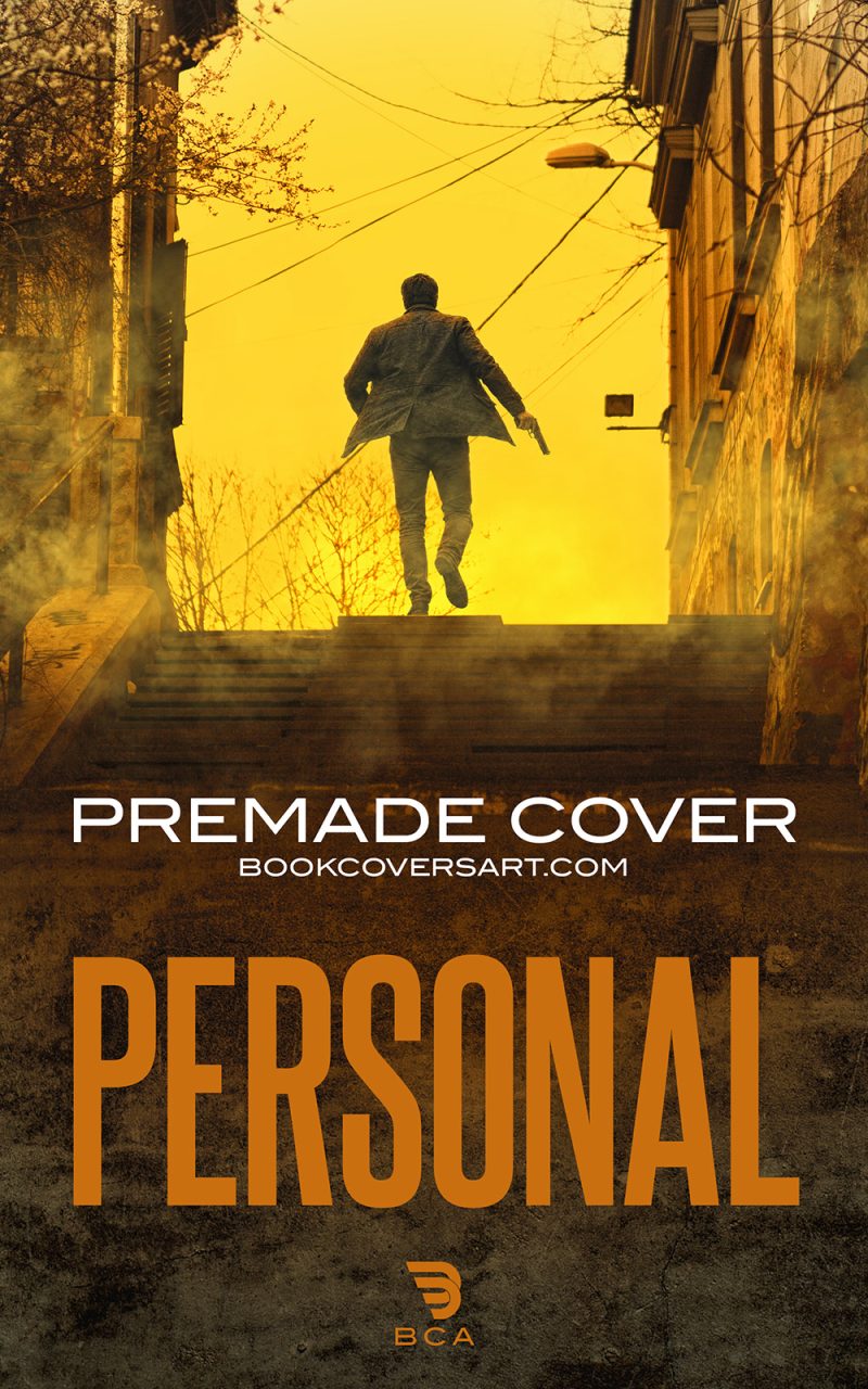 Urban Crime Thriller Cover for sale showing a man running up urban stairs with a handgun