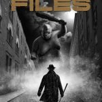 Urban fantasy cover design showing a detective with a staff facing a giant in a dark city street beneath a moonlit sky.