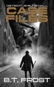 Urban fantasy cover design showing a detective with a staff facing a giant in a dark city street beneath a moonlit sky.